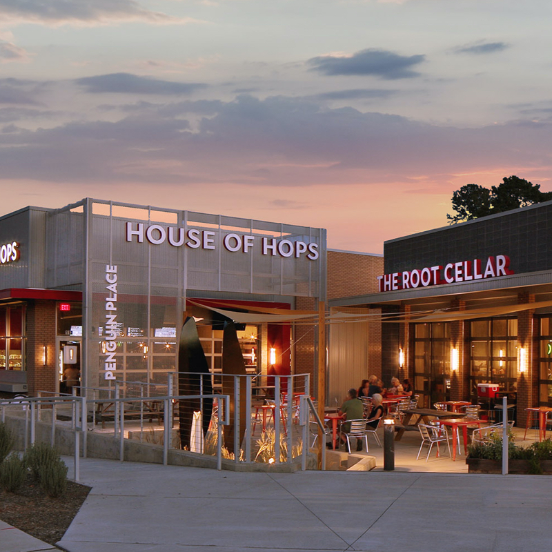 exterior of House of Hops and Cafe Roote Cellar at Penguin Place